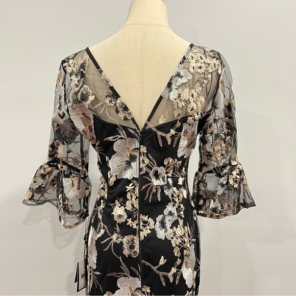 Adrianna Papell Black With Multicolor Floral Embroidery V-Neck 3/4 Sleeves Gown - Picture 10 of 15